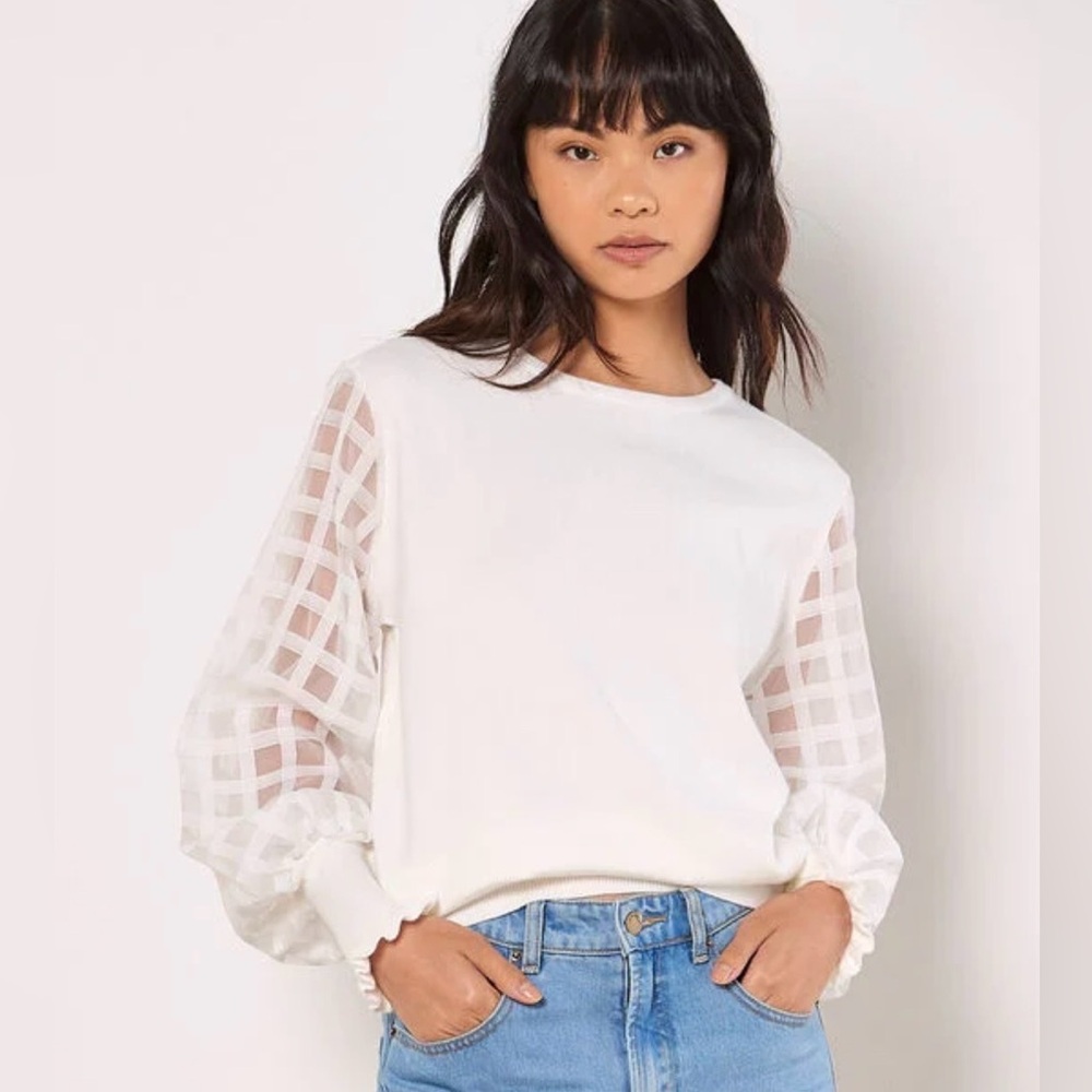 APRICOT White Sheer Grid-Sleeve Sweater